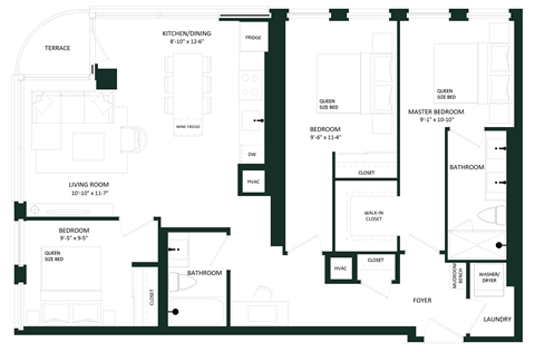Floor plan for 3 beds, 2 baths, 1126 sqft